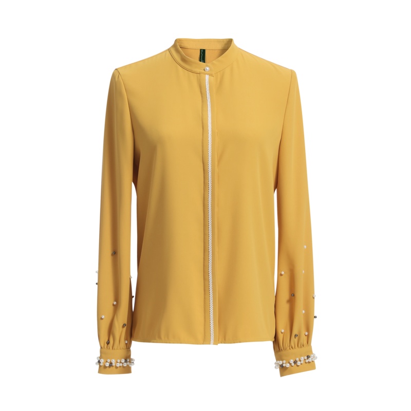 欧昵雪通勤立领撞色钉珠长袖衬衫女直筒显瘦小衫上衣