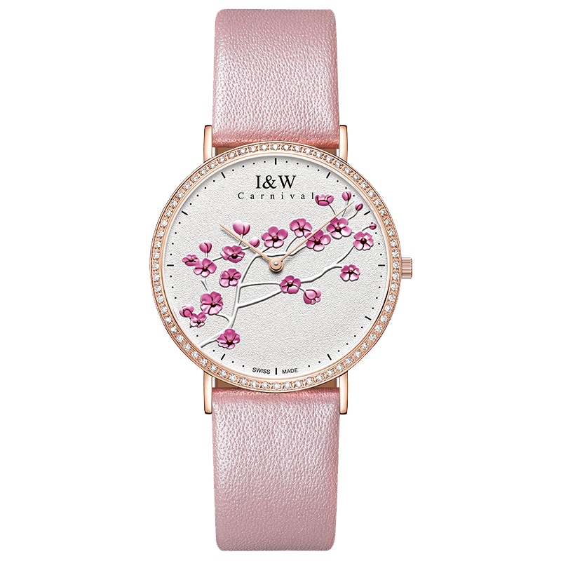 瑞士进口原装嘉年华Carnival手表新款 IW梅花系列石英表 女表纤薄时尚镶钻腕表真皮皮带防水女士手表3002G