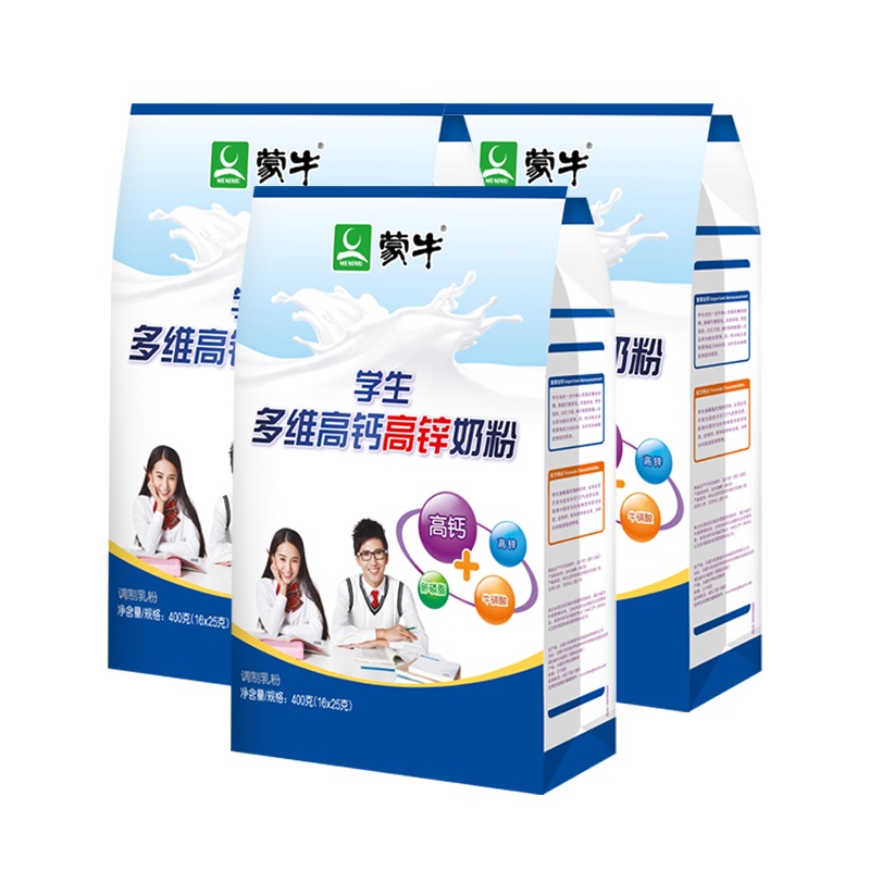 蒙牛学生奶粉高钙高锌儿童青少年高中大学生男女营养成长400g*3袋装