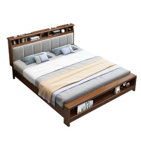 欧宝美 胡桃木实木床卧室现代简约软包气压抽屉储物双人床