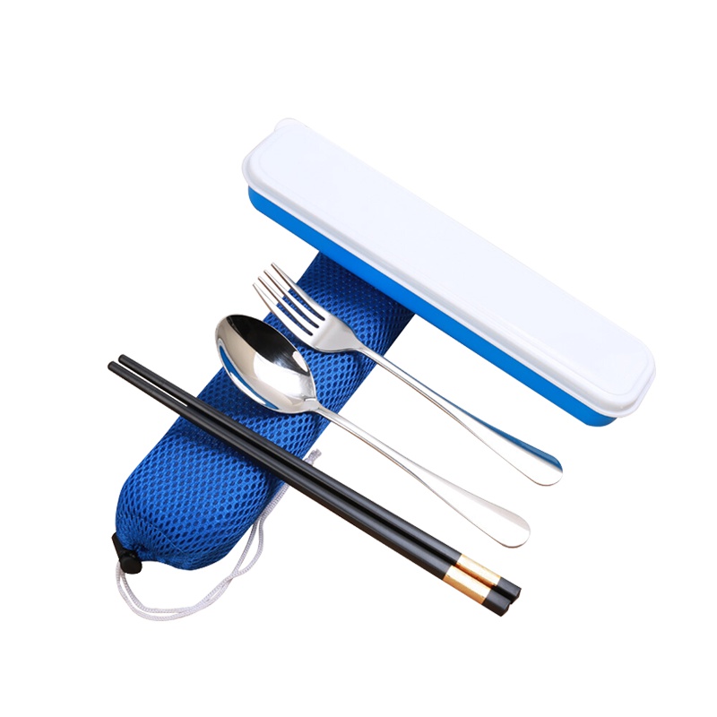 拾画 304不锈钢学生成人筷子勺子叉子套装便携式餐具盒装三件套韩版(蓝色)SK-6218