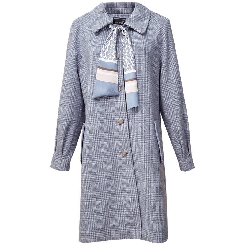 欧昵雪冬装气质翻领千鸟格毛呢外套女长袖中长款呢子大衣