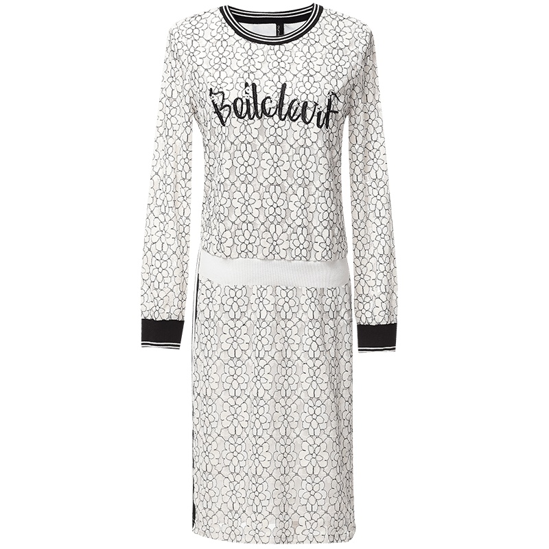 欧昵雪秋装撞色圆领字母绣花蕾丝卫衣半身裙时尚两件套装