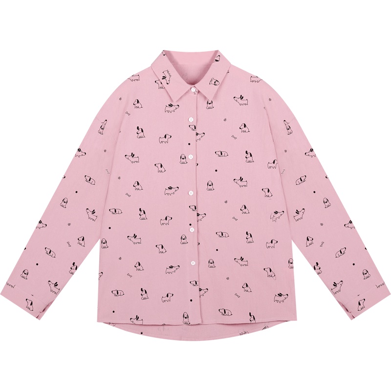 印花衬衫女港风设计感小众粉色上衣2019新款短款长袖纯棉衬衣夏