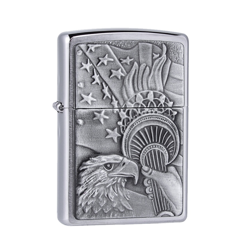 美国ZIPPO打火机 芝宝 自由火炬爱国鹰拉丝镀铬徽章 20895