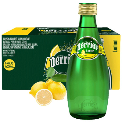 巴黎水(Perrier)天然气泡矿泉水(柠檬味)玻璃瓶装 330ml*24瓶/箱 进口饮用水 法国进口