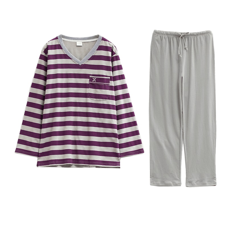 雪仙丽春季睡衣男套装长袖纯棉质条纹V领套头全棉男士休闲家居服