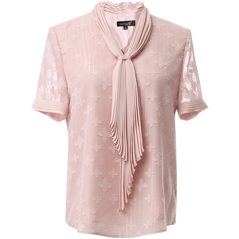 欧昵雪夏季压褶系带V领气质提花雪纺衫上衣女短袖衬衣