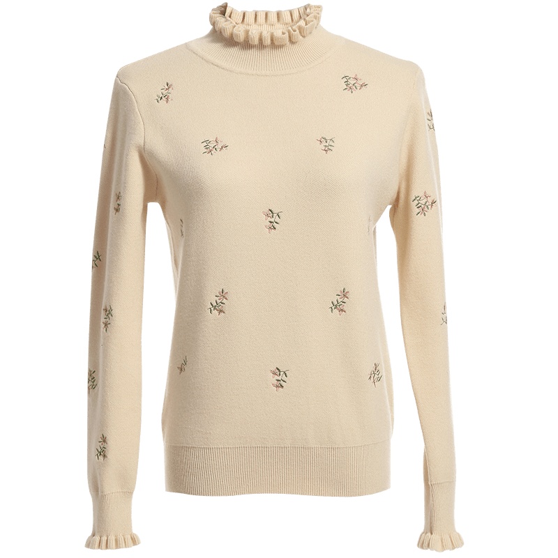 欧昵雪秋冬小清新木耳边半高领长袖绣花针织衫女套头毛衣