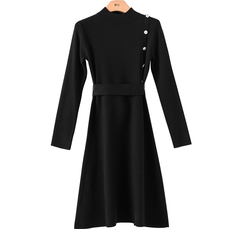 晚白2021春季新品简约通勤纯色立领长袖修身显瘦A字毛衣裙连衣裙女