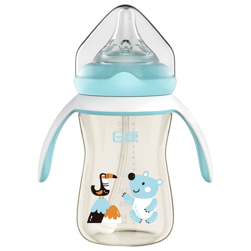 日康奶瓶ppsu耐摔宽口径带手柄婴儿防胀气宝宝儿吸管奶瓶240ML 蓝色