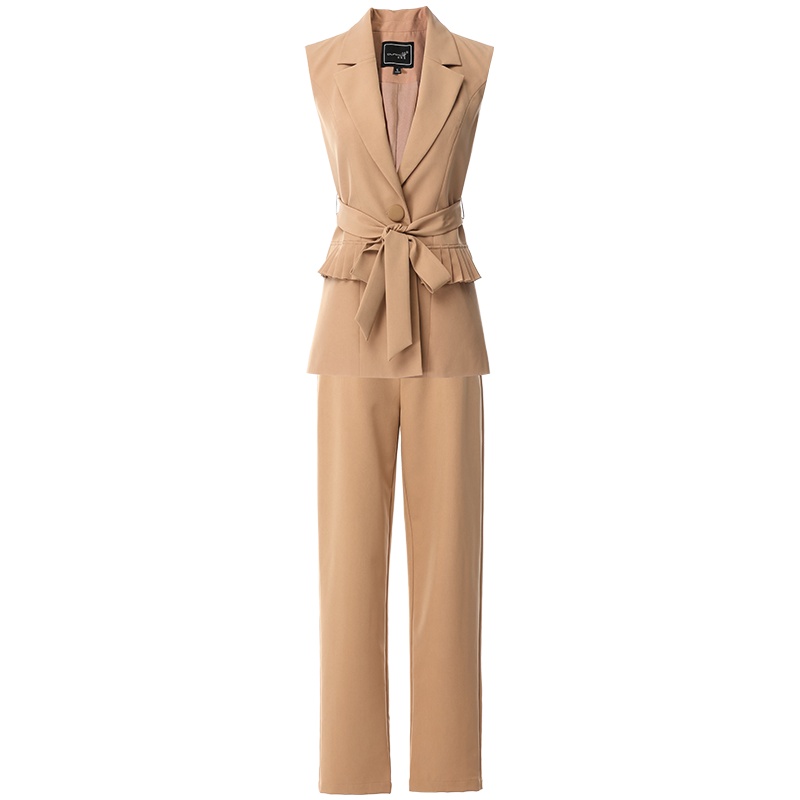 欧昵雪翻领收腰西装马甲外套宽松显瘦哈伦裤两件套装