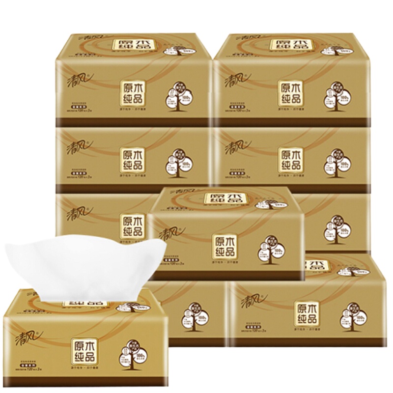 清风抽纸 原木纯品金装系列 3层120抽软抽纸巾X10包