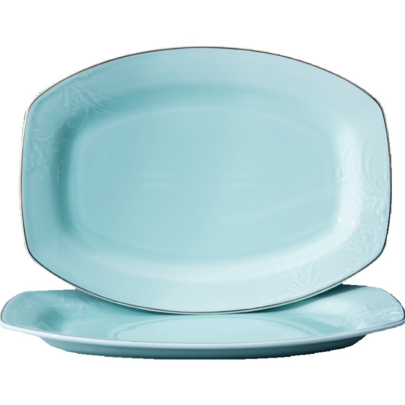 雅诚德(arst) 陶瓷盘子菜盘家用 龙泉釉2个盘子套装创意青瓷餐盘四角盘 13.5英寸鱼盘2个装