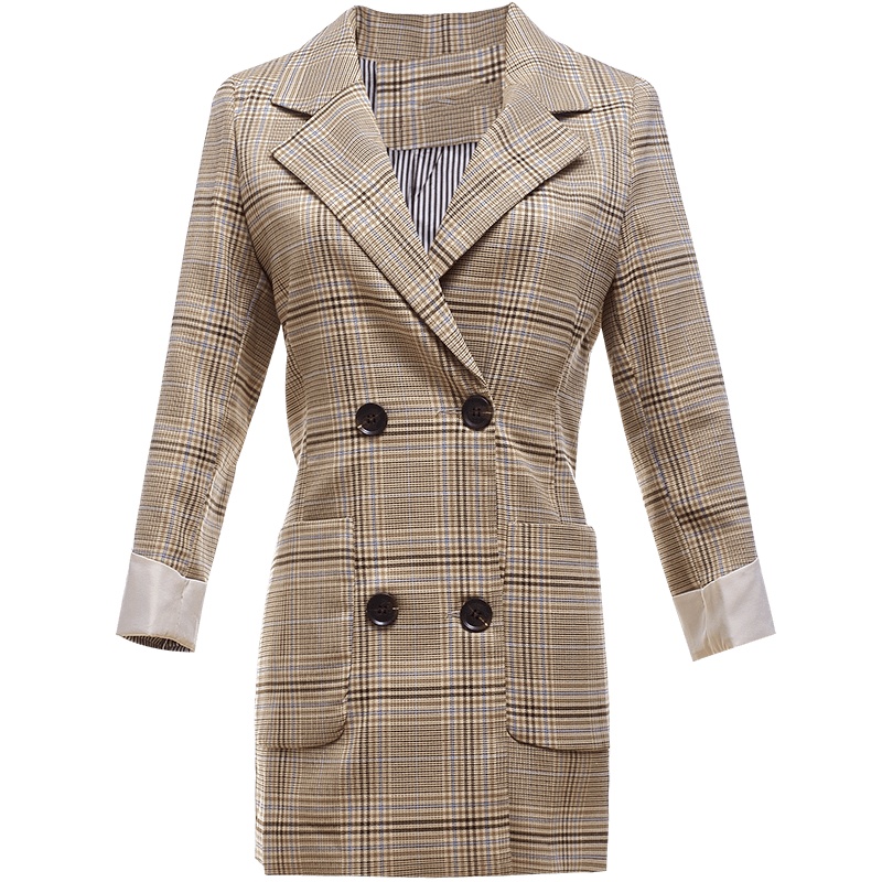 欧昵雪复古七分袖格子西装外套女中长款显瘦翻领西服