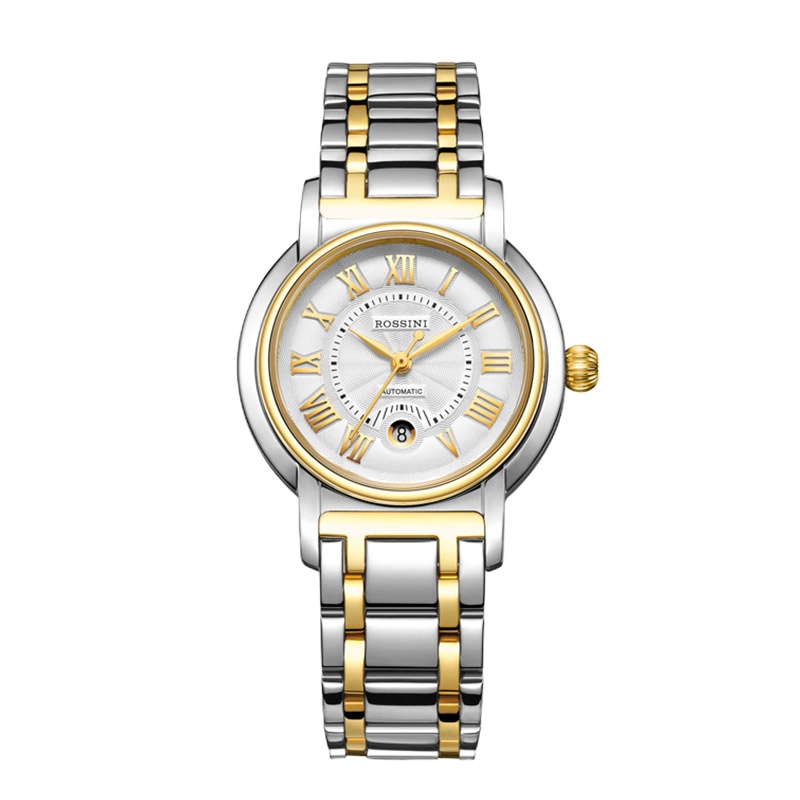 罗西尼(ROSSINI)手表 雅尊商务系列浑圆表壳罗马字钉日历间金表盘钢带自动机械表女5566T01A