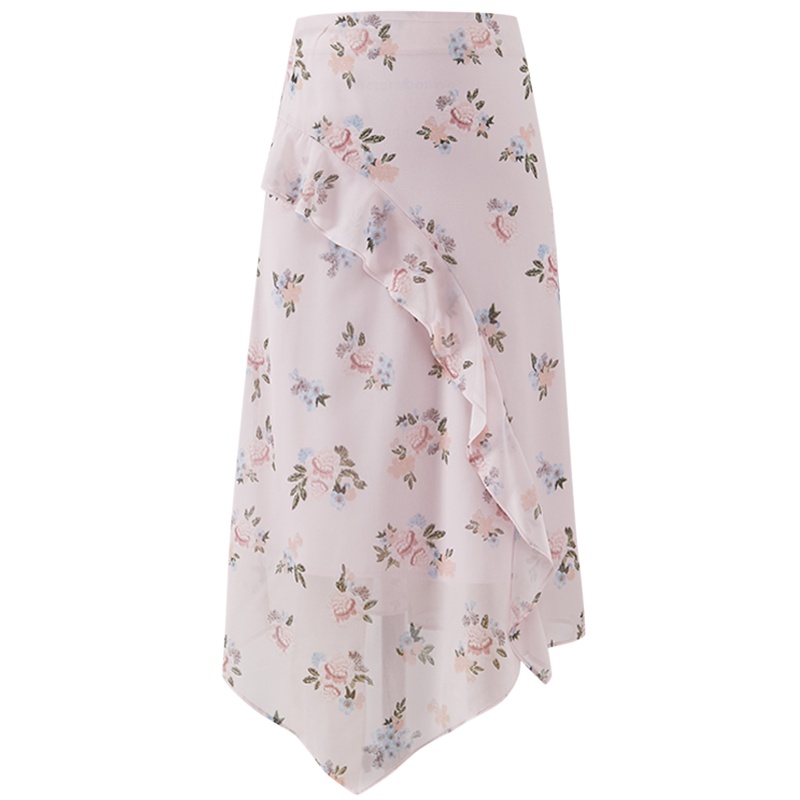 [2件2折价:78]MECITY女夏季新款可甜可盐花边装饰不规则下摆碎花半身裙