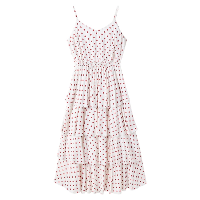 拉夏贝尔波点吊带连衣裙新款夏季收腰显瘦甜美中长款蛋糕裙女
