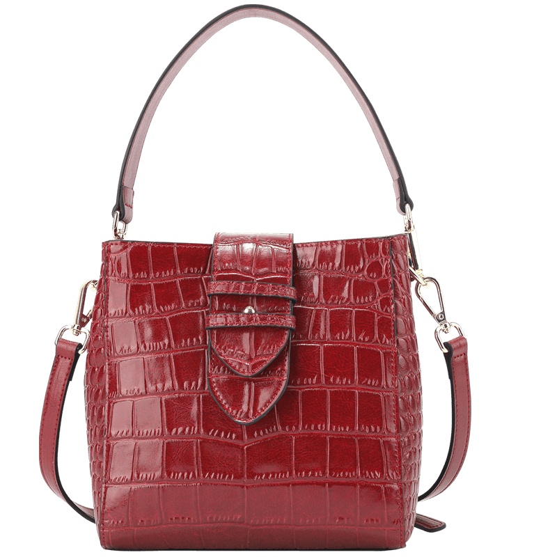 都宝路(dubaolu)秋冬新款时尚水桶包石头纹牛皮斜挎包搭扣单肩包女包