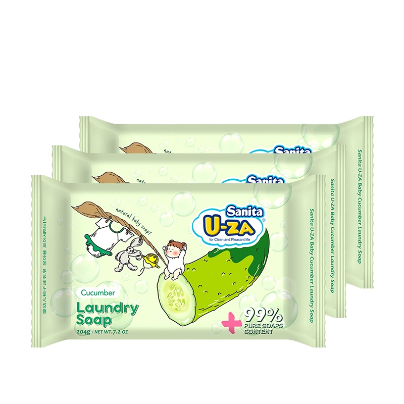 UZA进口婴儿童洗衣服尿布香肥皂新生bb婴幼儿宝宝专用去渍抑菌皂黄瓜洗衣皂204g*3块