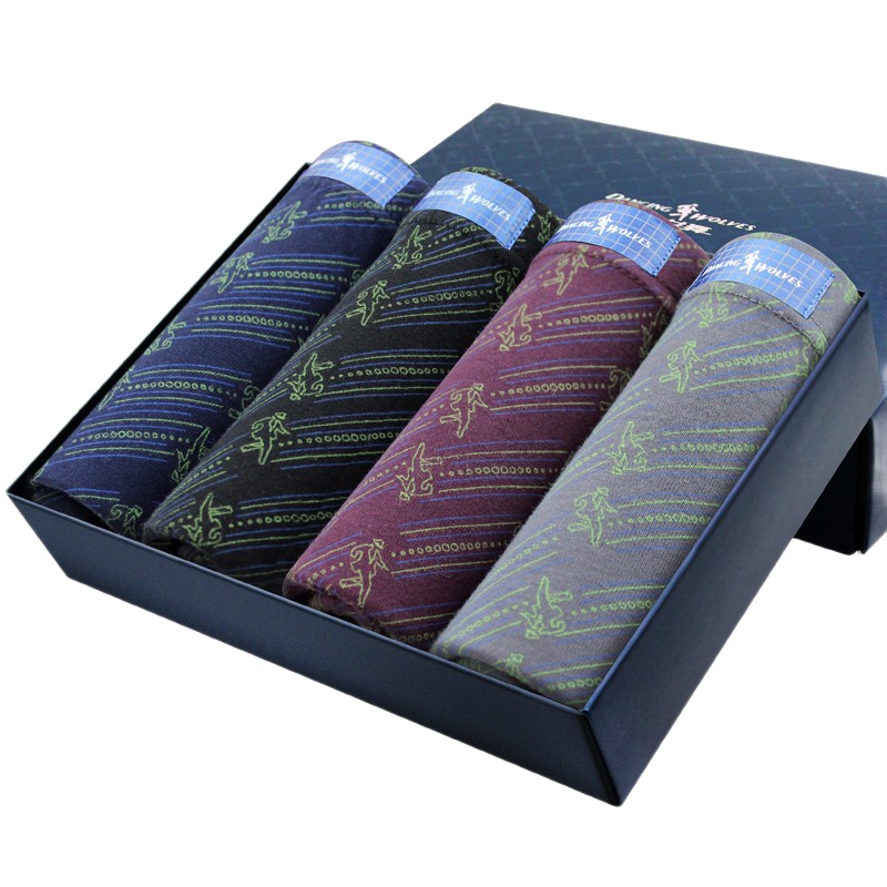 与狼共舞男士内裤 棉质男款运动中腰印花平角裤 四条盒装