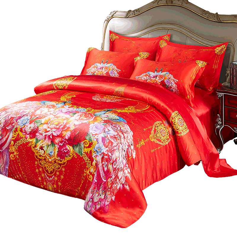 丝煌真丝四件套婚庆床上用品大红色丝绸桑蚕丝结婚套件中国风