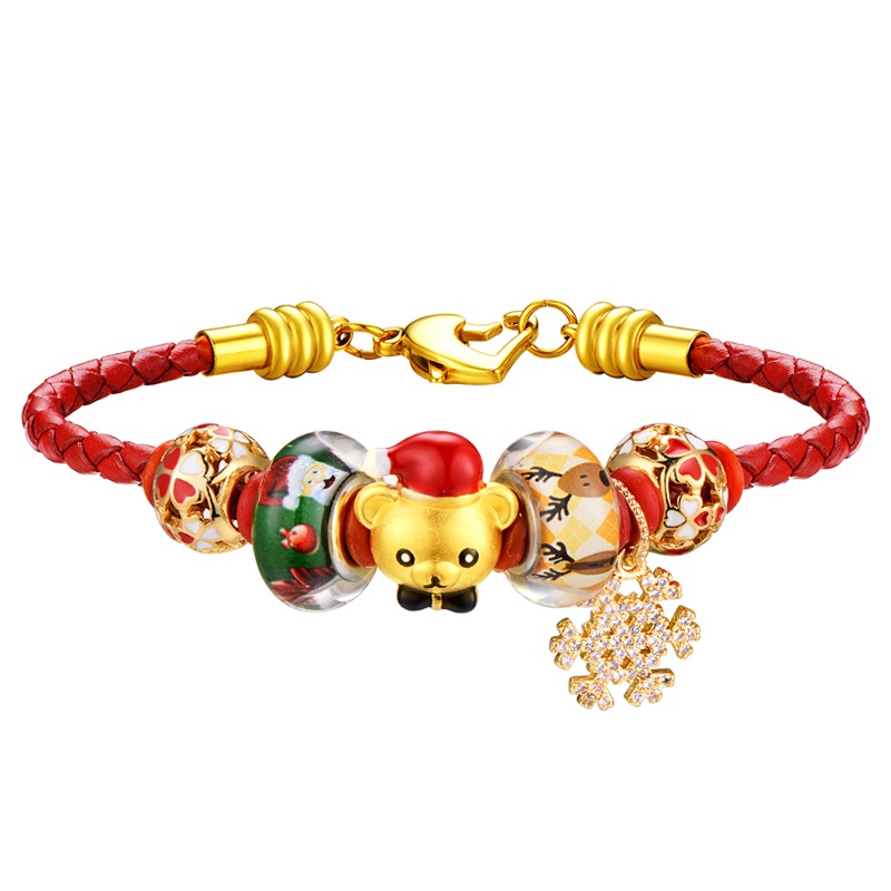 蒂蔻 可爱萌熊黄金手链女士款雪花镶嵌锆石足金硬金手绳自戴圣诞节礼物表白送女生