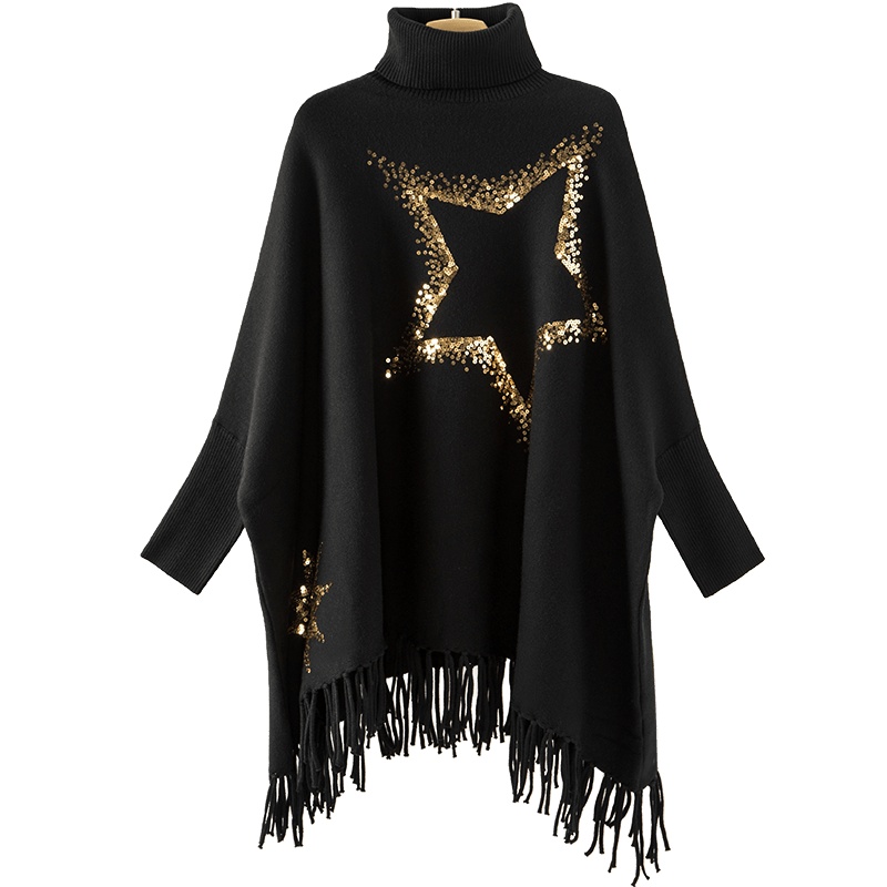 晚白2020冬季新品时尚高领宽松休闲流苏边针织毛衣披肩斗篷外套女