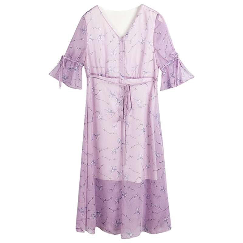 拉夏贝尔雪纺连衣裙女装新款夏季抽绳收腰气质碎花短袖中长裙