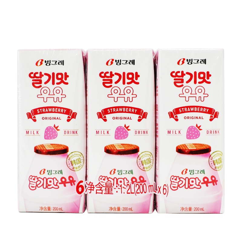 韩国进口 宾格瑞草莓味牛奶饮料 200ml*6 香滑口感