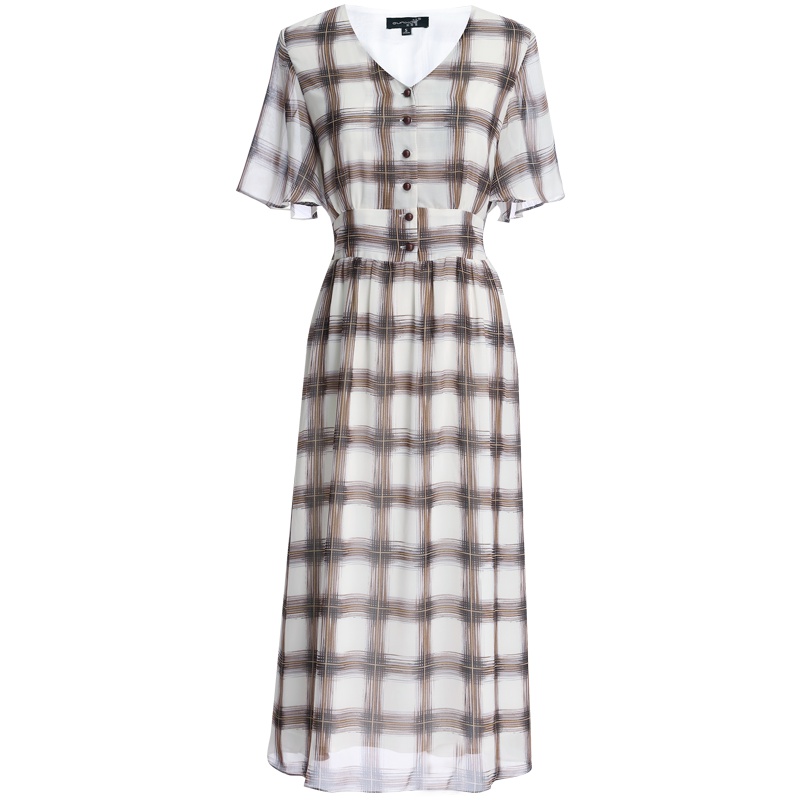 欧昵雪夏季V领荷叶袖高腰格子雪纺连衣裙女修身短袖中裙