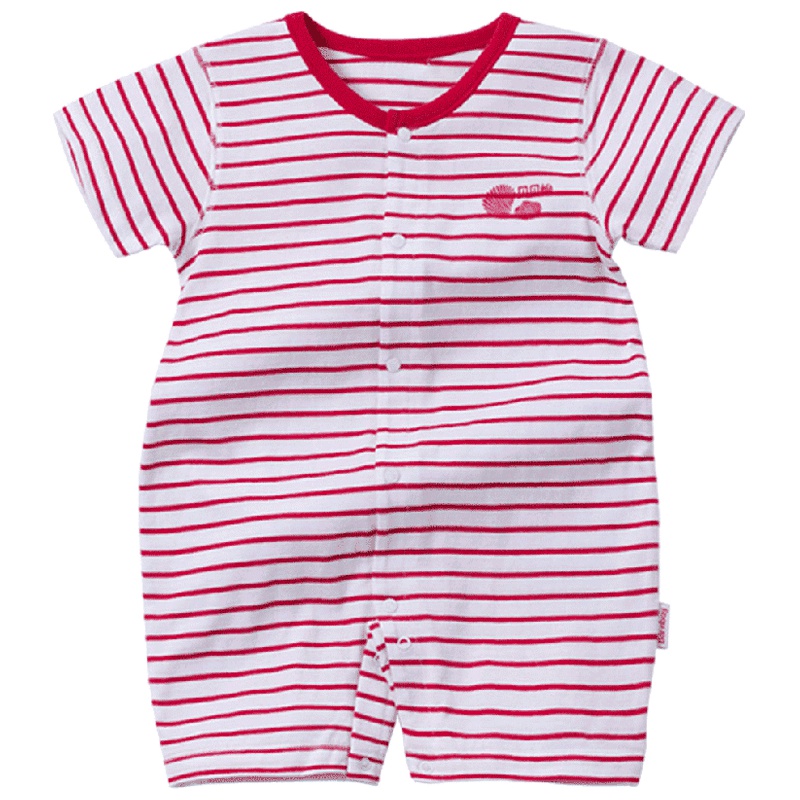 贝贝怡婴儿连体衣夏季短袖纯棉男女宝宝哈衣前开扣条纹爬服BB1060