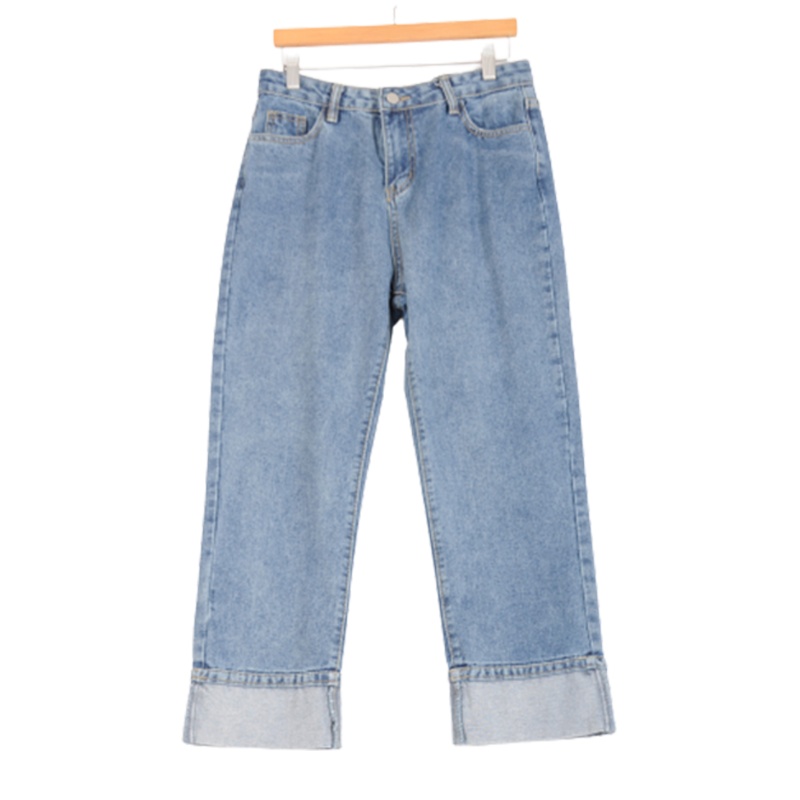 拉夏贝尔Laetia网红卷边百搭宽松显瘦学生直筒裤九分牛仔裤女911611887