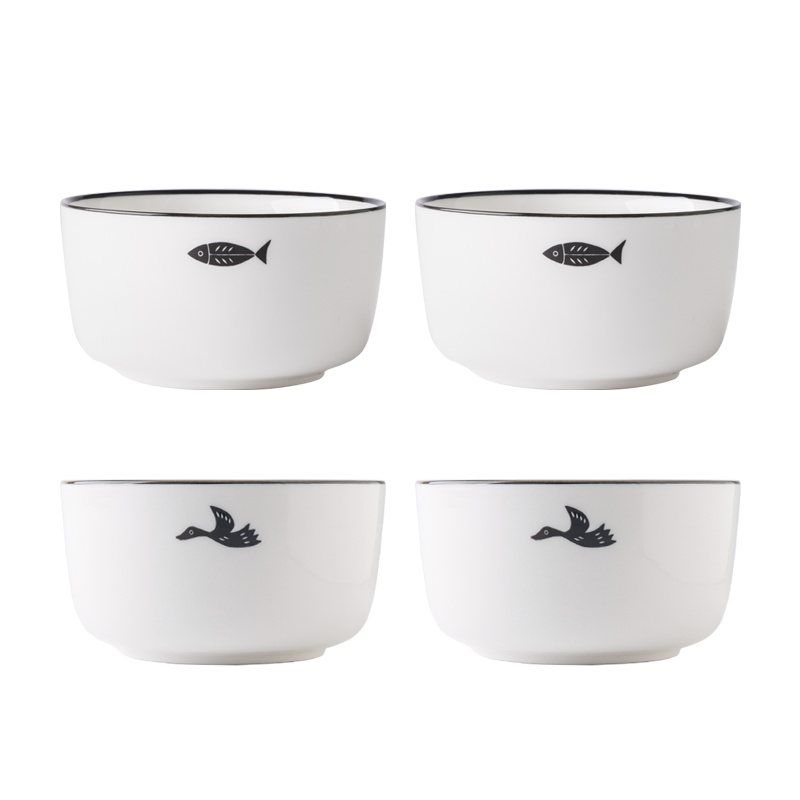 亿嘉IJARL 碗碟套装陶瓷盘子碗北欧餐具套装釉下彩可微波飞鸟与鱼4.5英寸饭碗4只装