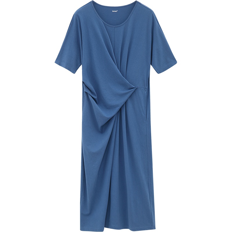 茵曼棉素系列2019秋装新款纯棉圆领百搭休闲中袖收褶宽松连衣裙女