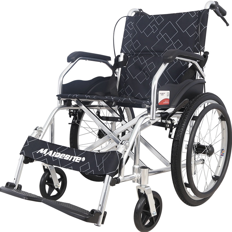 迈德斯特128手动轮椅折叠代步车 残疾人老年人折背铝合金透气坐垫[稳固车架+四重手刹+实心轮胎]车身净重仅10.5kg