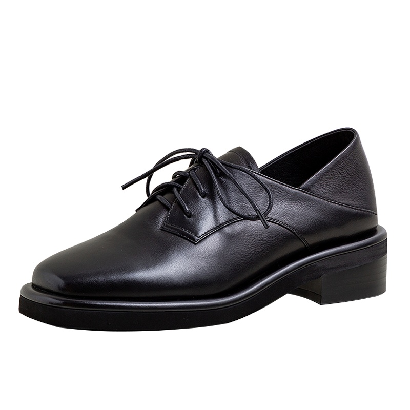 2020春季新品真皮方头时尚百搭系带两穿粗跟单鞋