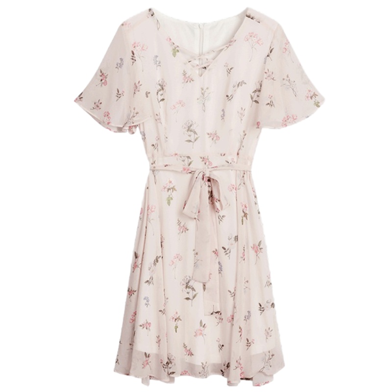 拉夏贝尔女装夏新款韩版中长款系带休闲高腰雪纺碎花连衣裙