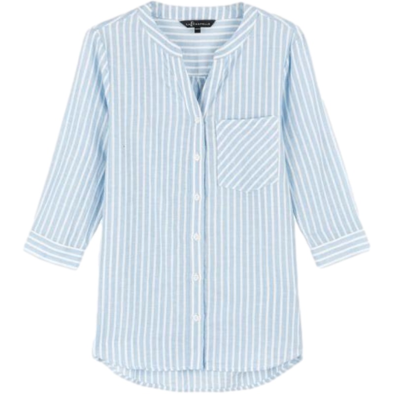 拉夏贝尔2021夏季新款女装七分袖衬衫条纹宽松韩版百搭气质口袋