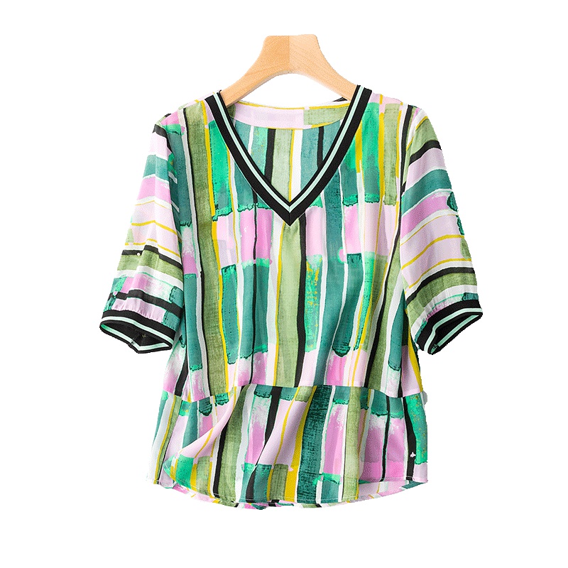 VINCIFAM 真丝上衣女2019夏装新款时尚印花衬衫宽松桑蚕丝短袖t恤