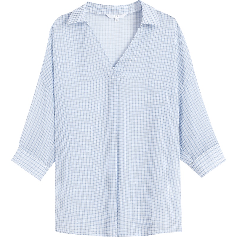 OSA欧莎2019夏装新款女装优雅亮丝格子时髦V领五分袖衬衫两件套