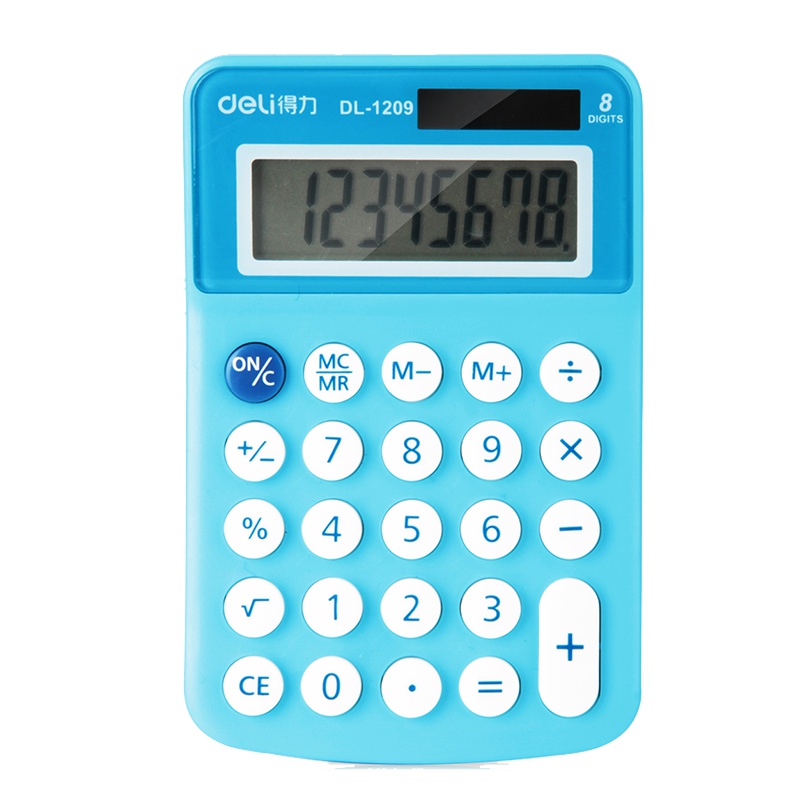 得力deli1209A彩色计算器迷你便携式创意糖果色8位数显示办公双电源计算机学生办公文具用品糖果色计算器 蓝色