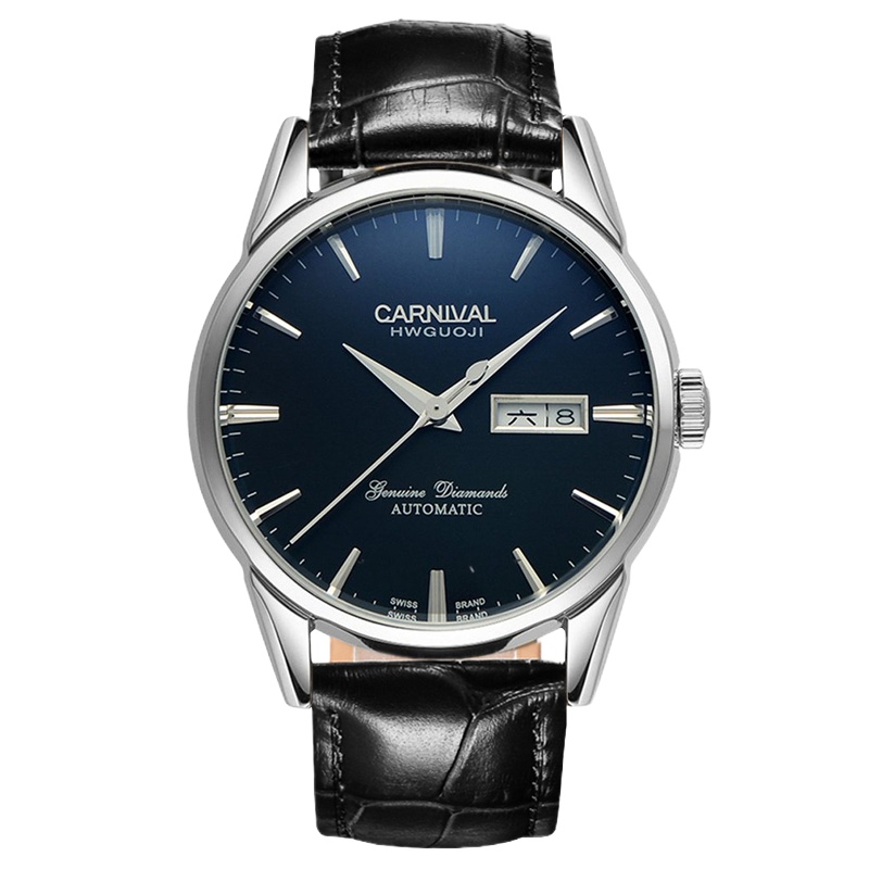 瑞士嘉年华Carnival蝶飞手表新款男士全自动机械表 男表真皮带防水双日历休闲时尚蓝色精钢全金色腕表8646G