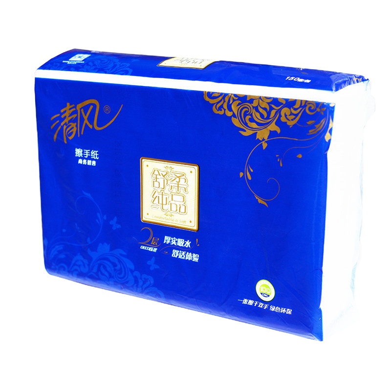 清风B911A2W舒柔纯品(银装)2层DECO压花150张擦手纸软包 原生木浆 商用办公 生活用纸 卫生纸