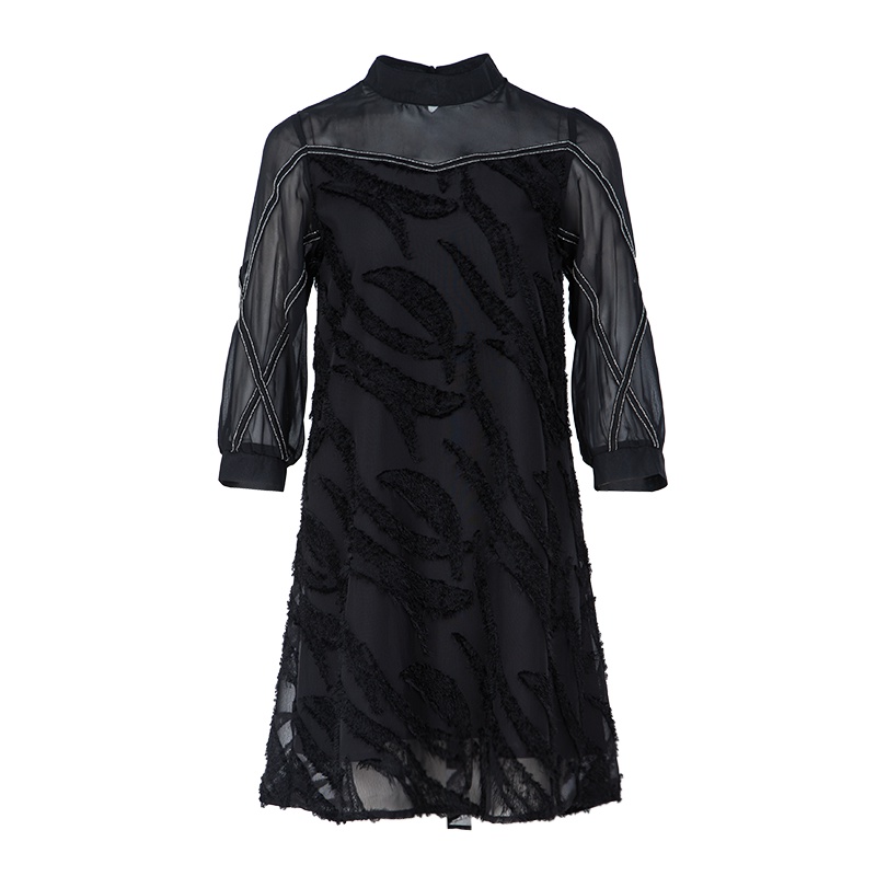 晚白女裙装2019春季新款纯色直筒立领小A摆通勤七分袖雪纺连衣裙