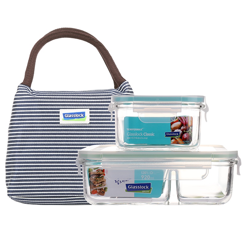 三光云彩（GLASSLOCK）韩国进口钢化玻璃分隔保鲜饭盒两件套920+490ml可微波炉加热带盖便当碗男女上班族带饭