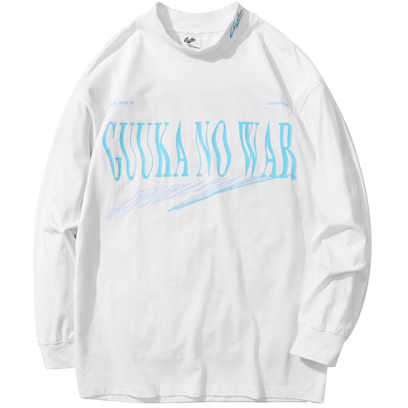 GUUKA白色长袖T恤男潮牌 青少年嘻哈运动中高领印花纯棉长T恤宽松