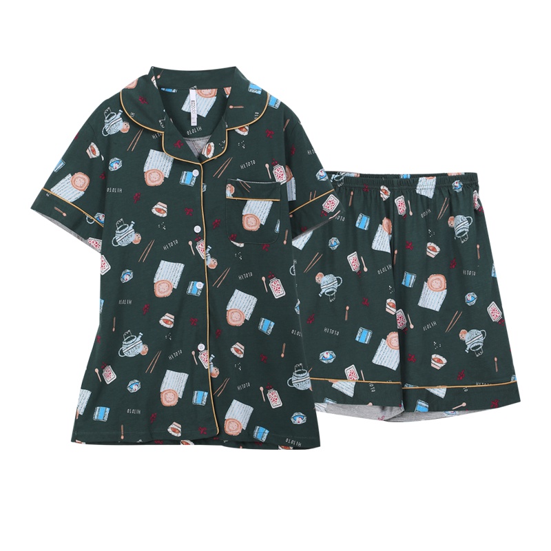 红豆居家Hodohome衬衣款短袖女夏季纯棉睡衣女韩版短裤家居服套装薄款