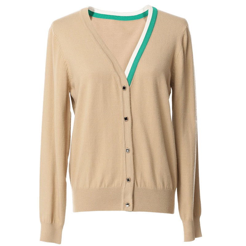 欧昵雪秋装撞色V领宽松显瘦针织衫女开衫长袖毛衣外套