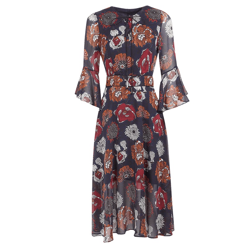 晩白 新品印花系带圆领喇叭袖收腰显瘦A字裙雪纺连衣裙